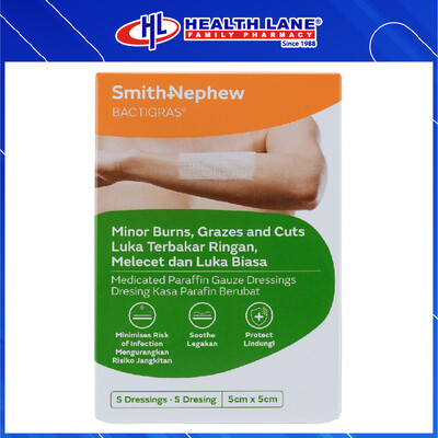 SMITH & NEPHEW BACTIGRAS ANTISEPTIC PARAFFIN DRESSING 5CMx5CM (5'S)